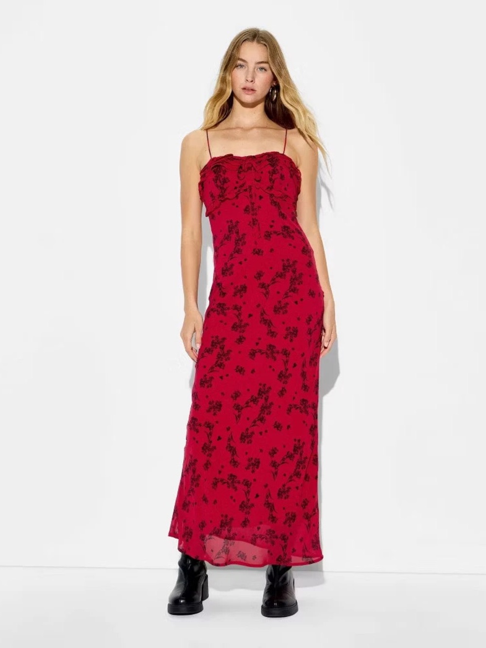 wild fable Red Floral Spaghetti-Strap Maxi Dress